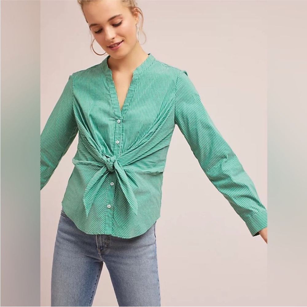 Anthropologie - Maeve Katherine Green And White Button Down Knotted Blouse SZ 8